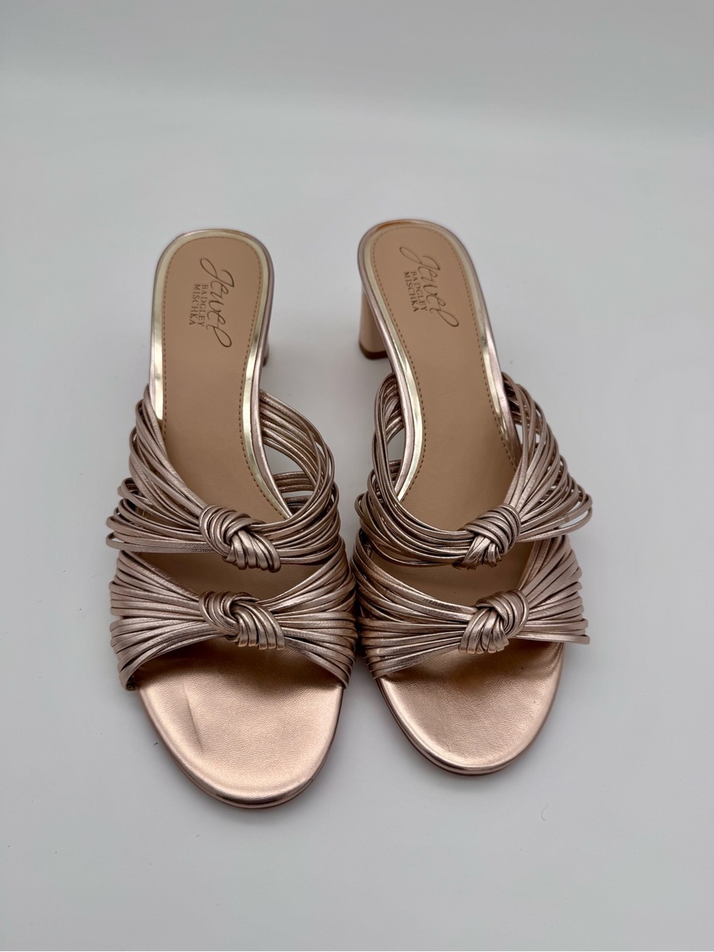 Jewel Badgley Mischka Cheryl Metallic Leather Block Heel Sandals Rose Gold 8 - Picture 4 of 15